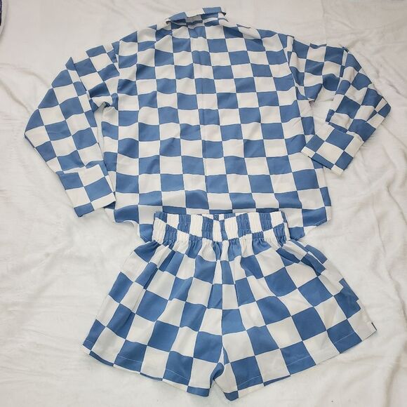 Fashion Nova Woman's Out & About Blue Checkered Board Flannel Short Set Size Med - Picture 4 of 11